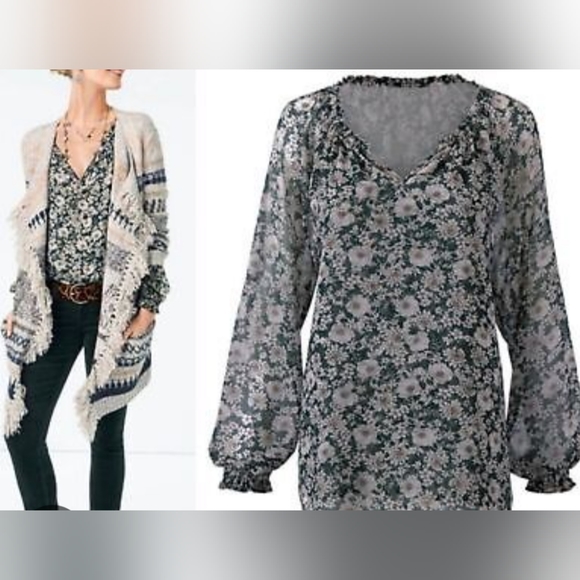 CAbi Tops - Cabi # 3765 Olive Floral Bianca Peasant Blouse Lined Ruffle Puff Sleeve Size XS